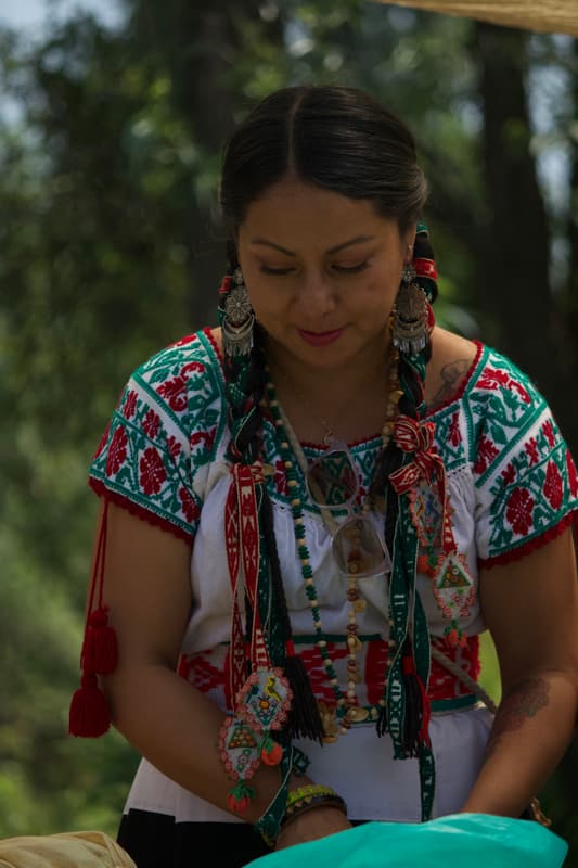 A woman in an embroidered blouse at work