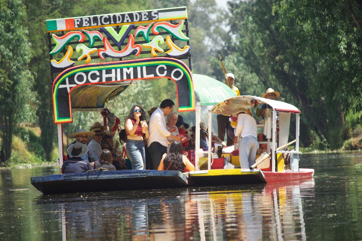 A decorated trajinera on the canal