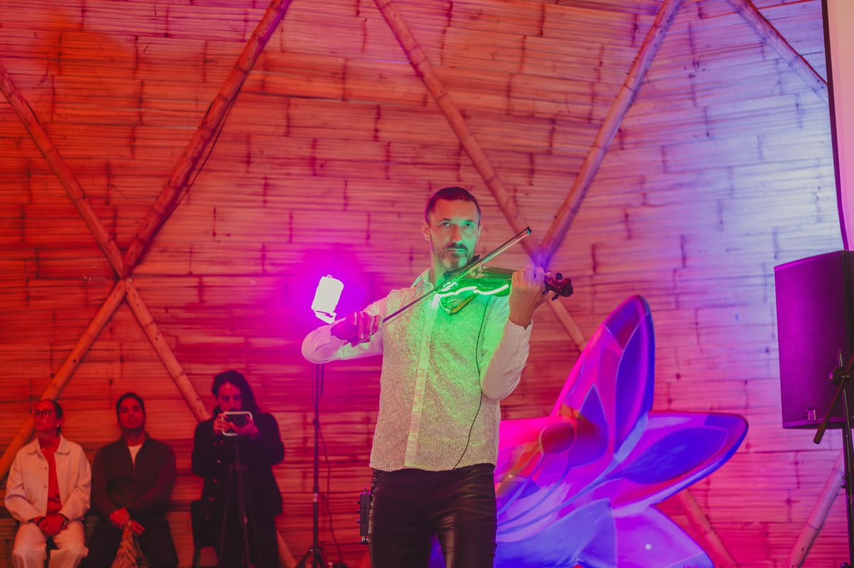 A violinist performing under the stage lights