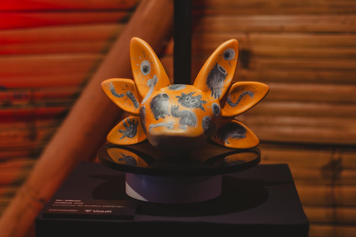 A yellow-and-blue sculpture on display