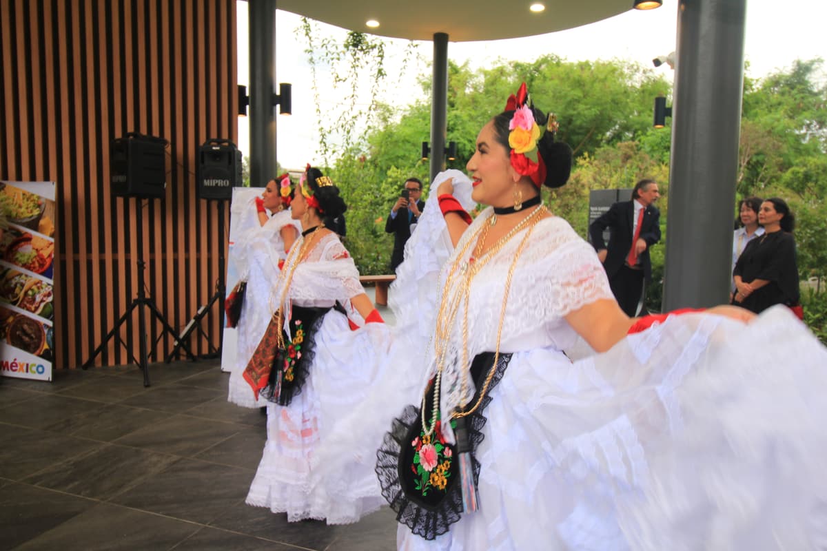 A dancer with her skirt raised, fan in hand
