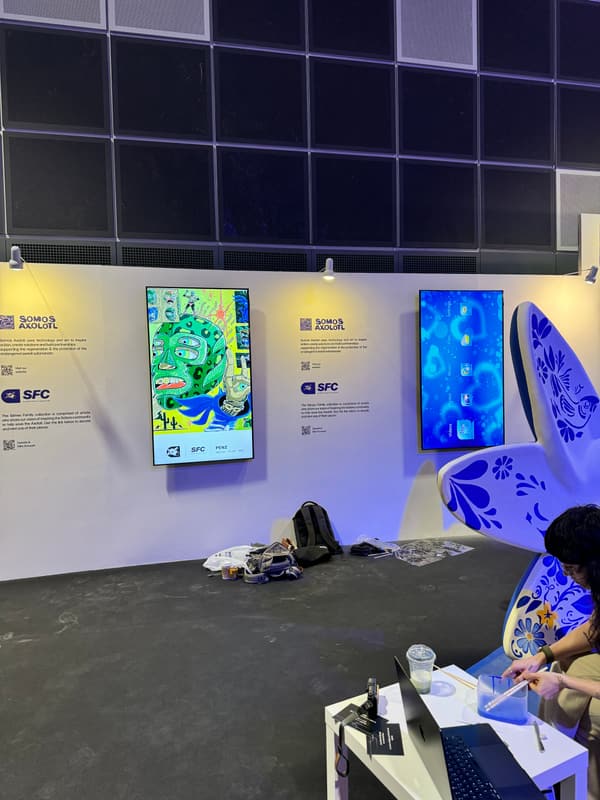 The exhibition wall of screens with the sculpture in place