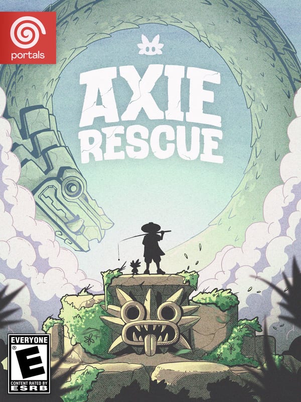Axie Rescue cover art — a figure fishing before a carved stone serpent