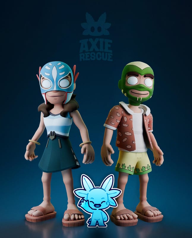 The two playable characters in their lucha masks, with the Axie Rescue logo