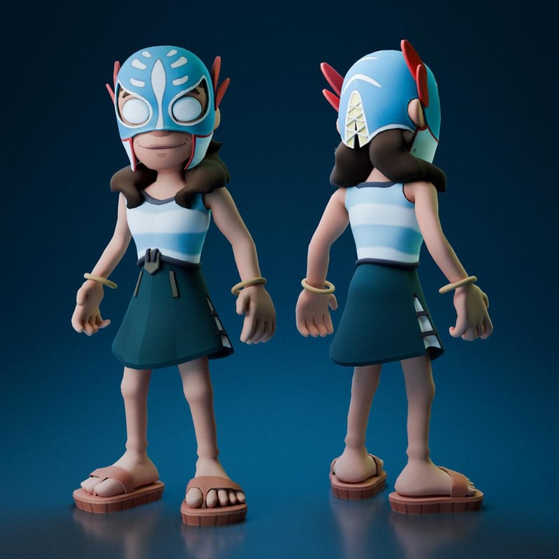 Character turnaround: the girl in a blue lucha mask, front and back
