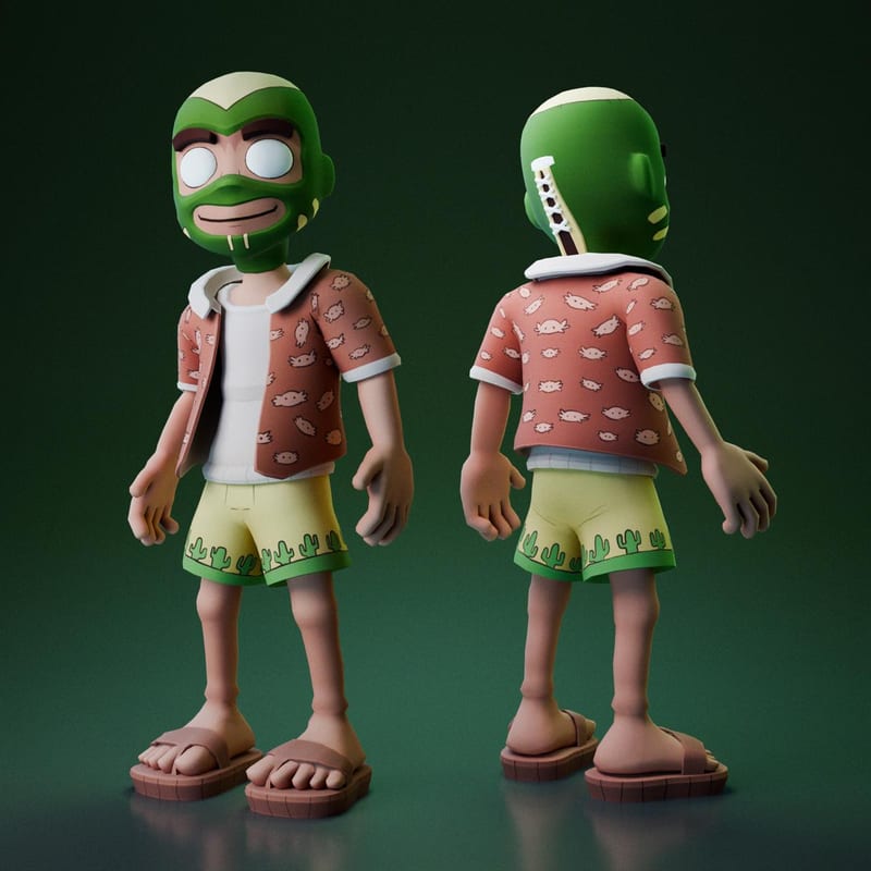 Character turnaround: the boy in a green lucha mask, front and back