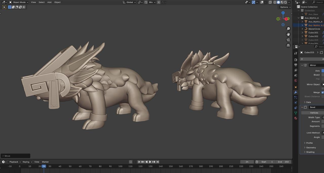 The creature models in progress in the 3D editor