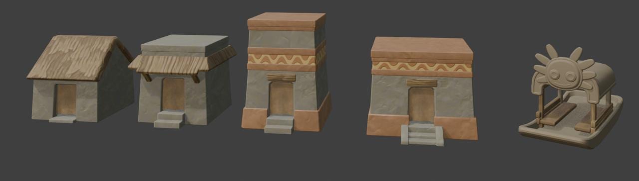 A lineup of the game’s buildings and stone props