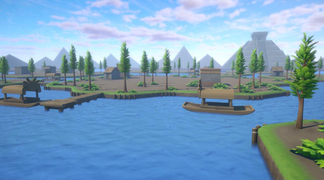 The lake and docks with pyramids on the far shore