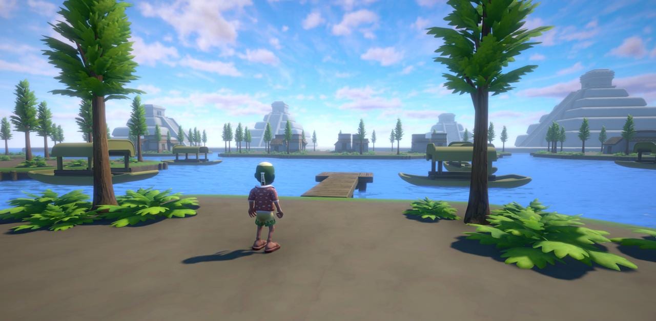 A player character on the shoreline in game