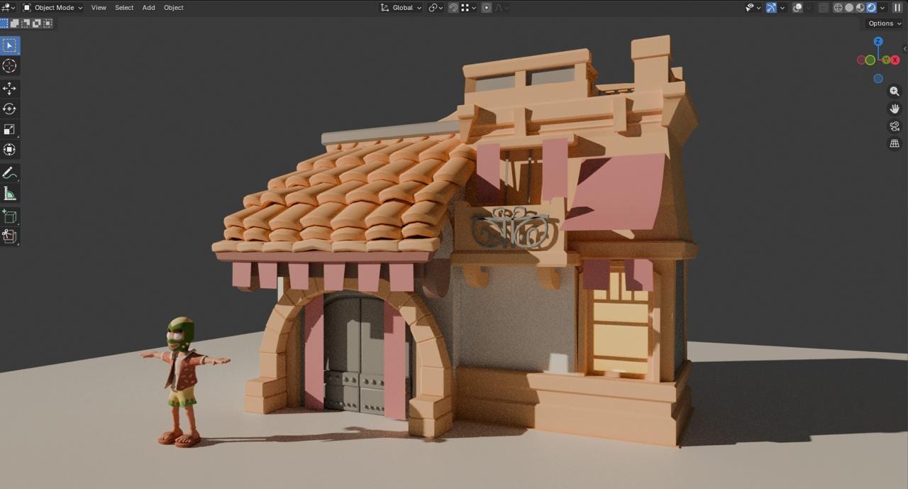 A village building modelled in the 3D editor
