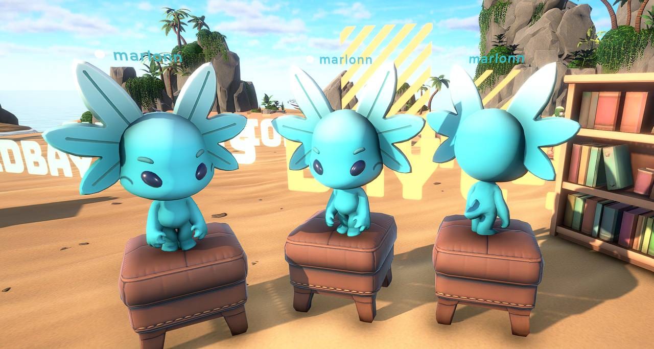 Three axolotl companions on chests inside the shop