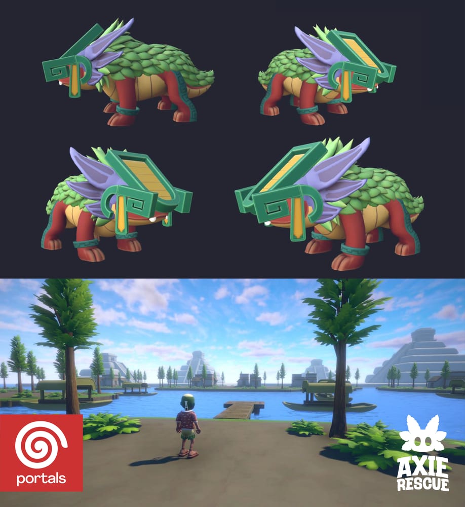 Promo sheet: turnaround views of an armoured creature above a lakeside gameplay shot