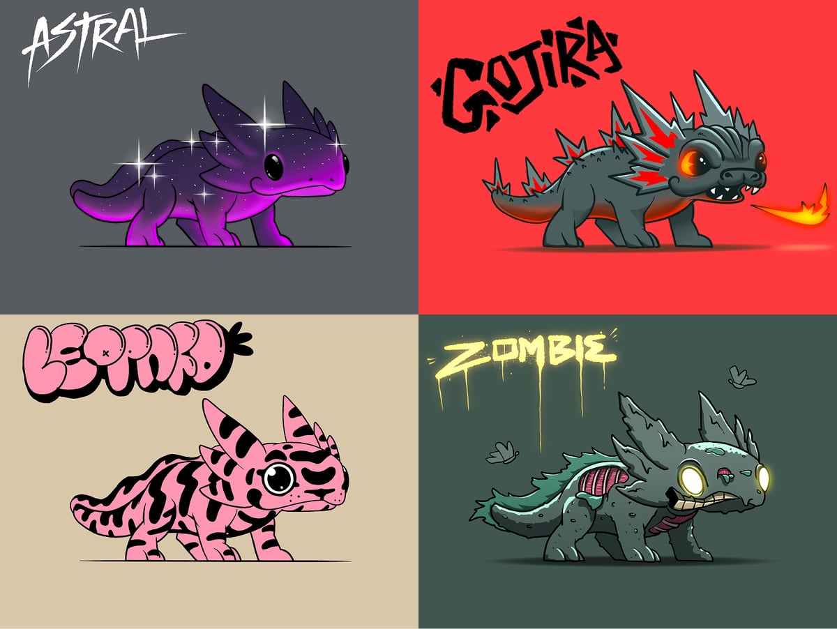 Four creature designs: Astral, Gojira, Leopard and Zombie